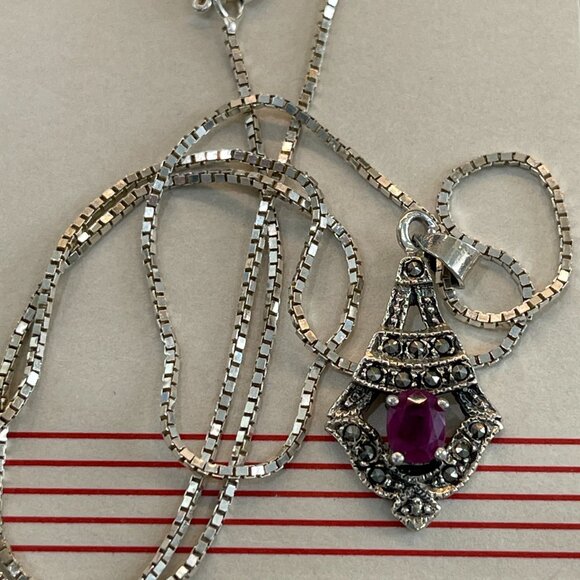 Vtg. Solid 925 Marcasite Pendant w Natural Ruby on a Solid Sterling Box Chain - Picture 8 of 16